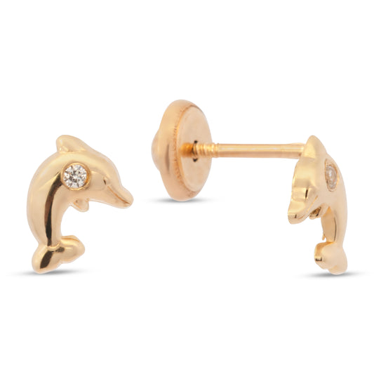 14K Yellow Gold Polished Dolphin with White CZ Accent Stud Screwback Earrings