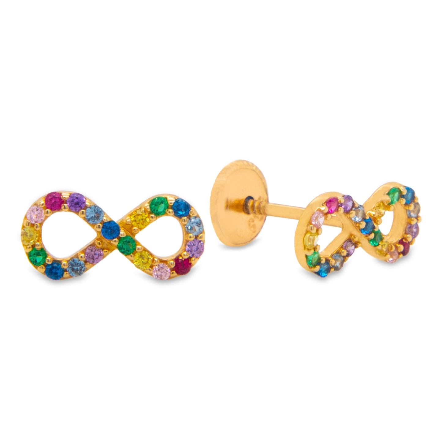 14K Yellow Gold Multi-Color CZ Pave Infinity Stud Screwback Earrings