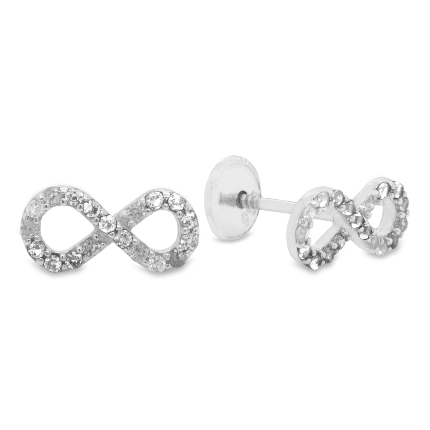 14K White Gold White CZ Pave Infinity Stud Screwback Earrings