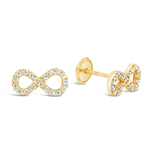 14K Yellow Gold White CZ Pave Infinity Stud Screwback Earrings