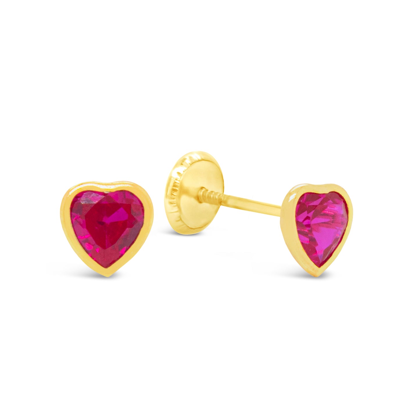 14K Yellow Gold Large Bezel-Set Heart Red CZ Stud Screwback Earrings