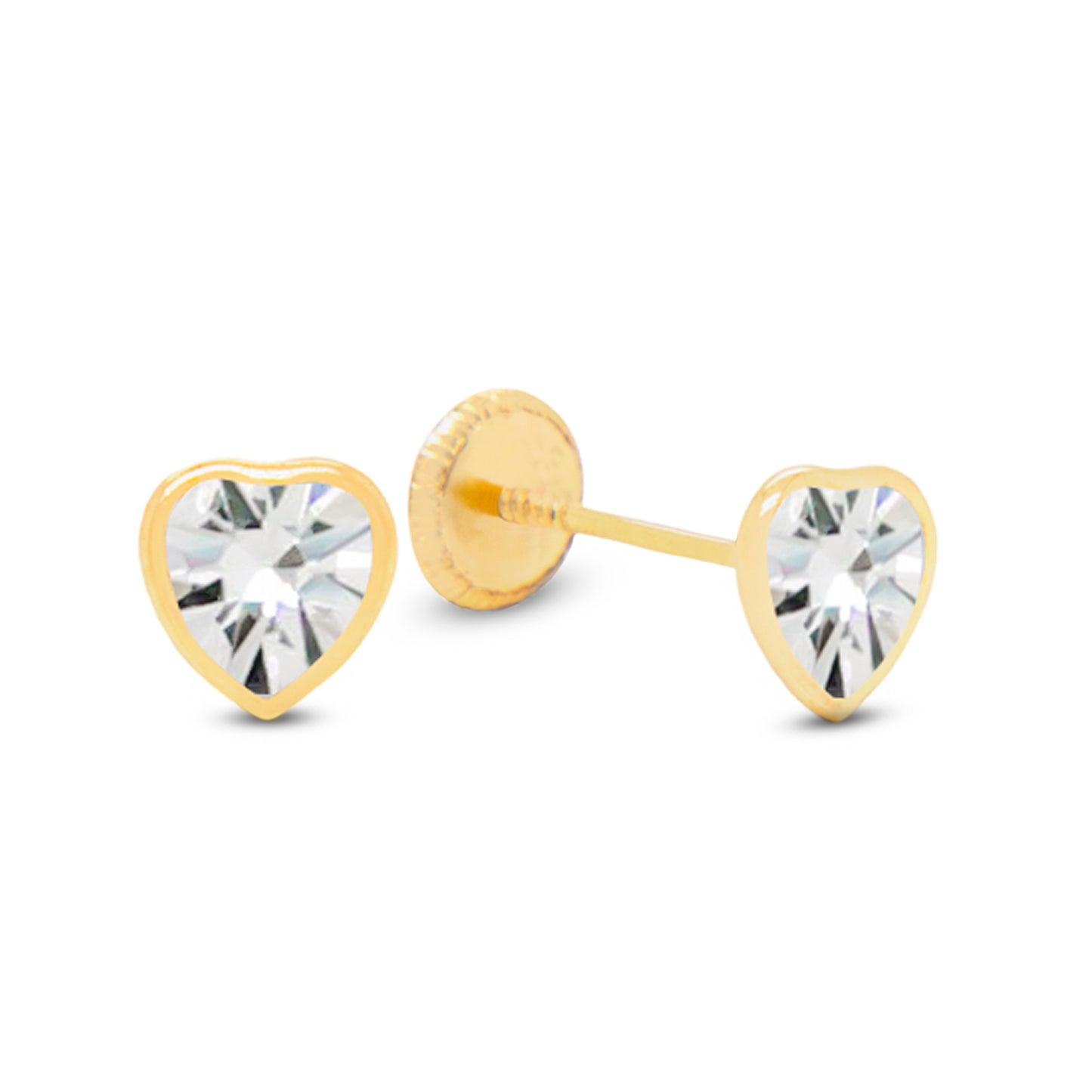 14K Yellow Gold Large Bezel-Set Heart White CZ Stud Screwback Earrings