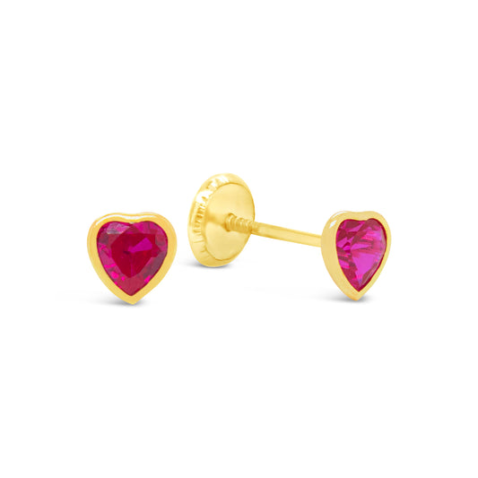 14K Yellow Gold Medium Bezel-Set Heart Red CZ Stud Screwback Earrings