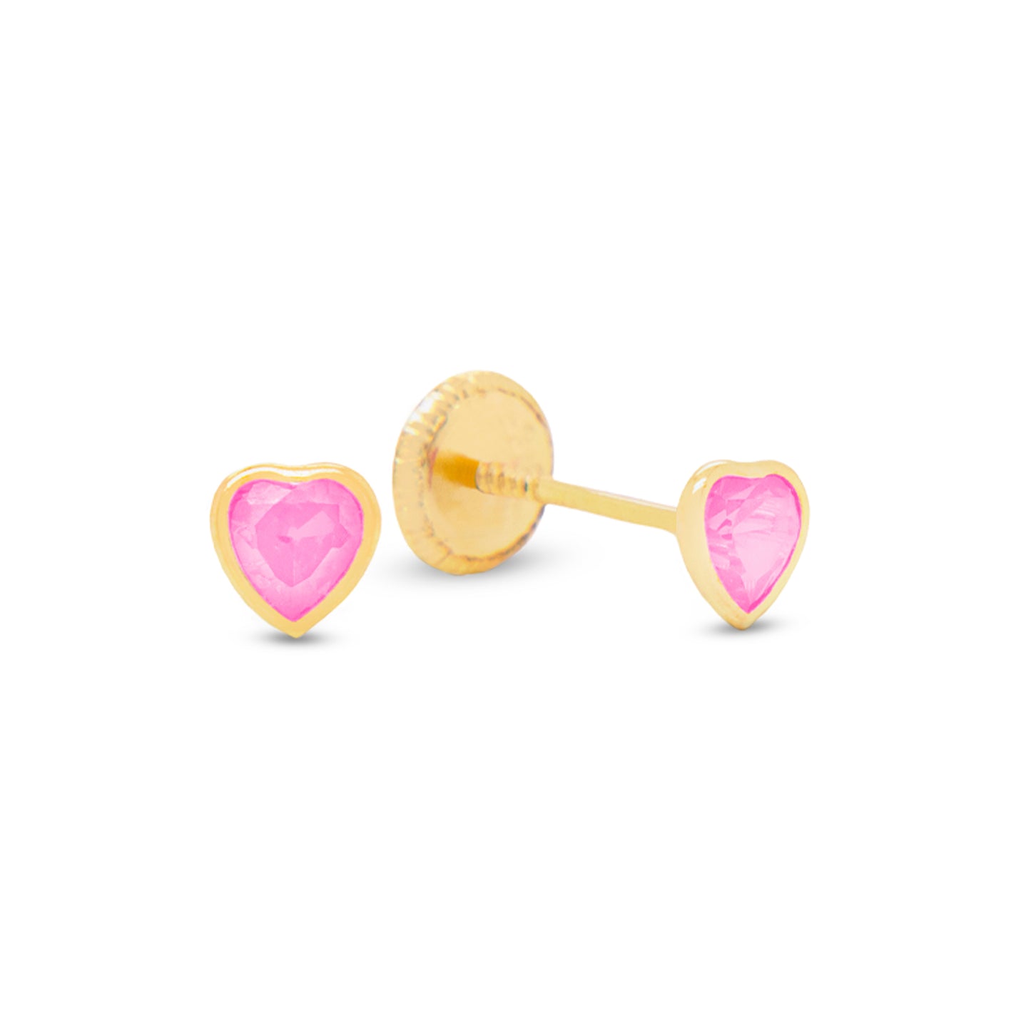 14K Yellow Gold Small Bezel-Set Heart Pink CZ Stud Screwback Earrings