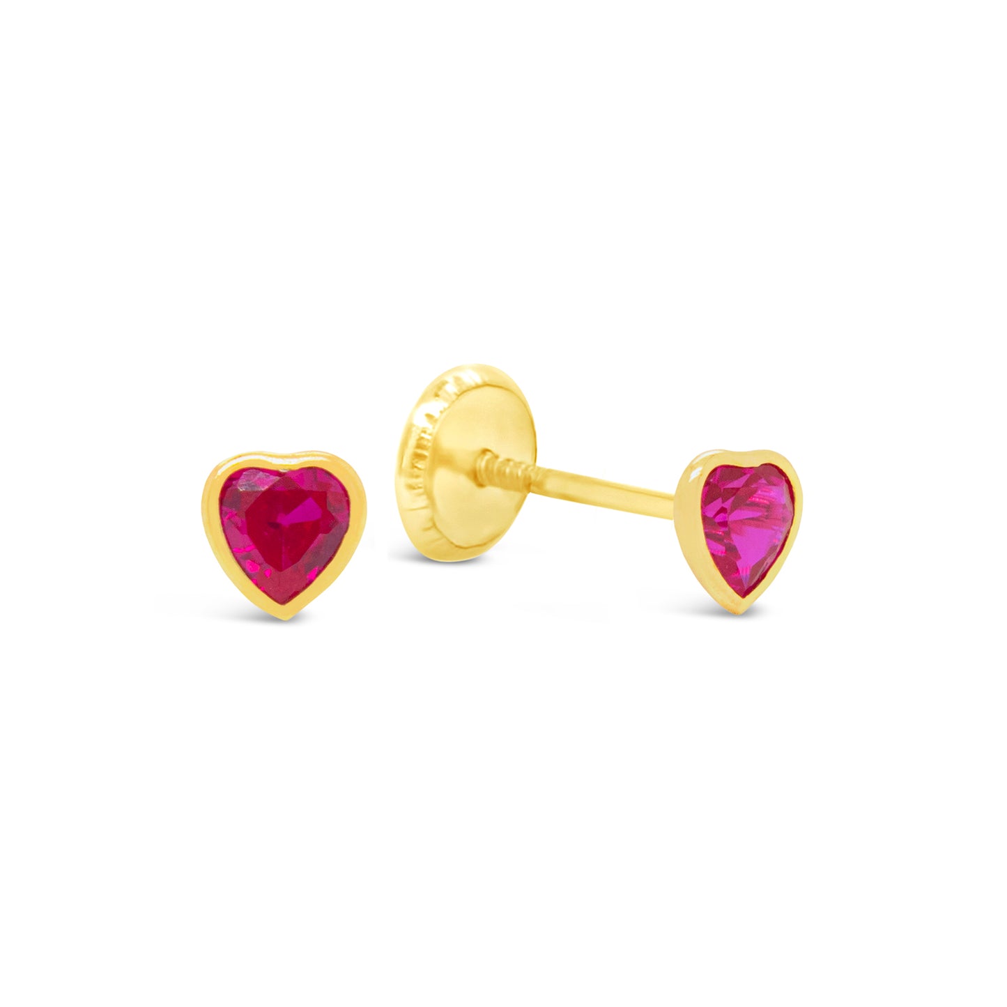 14K Yellow Gold Small Bezel-Set Heart Red CZ Stud Screwback Earrings