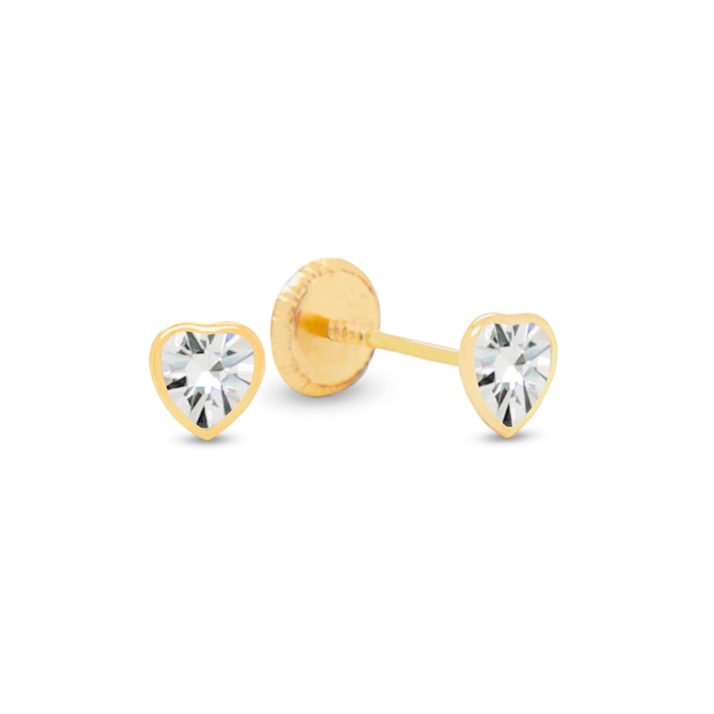 14K Yellow Gold Small Bezel-Set Heart White CZ Stud Screwback Earrings