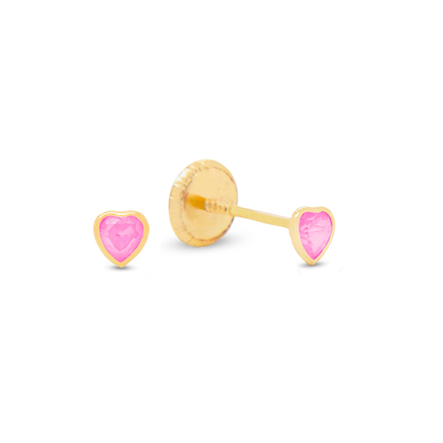 14K Yellow Gold Extra Small Bezel-Set Heart Pink CZ Stud Screwback Earrings