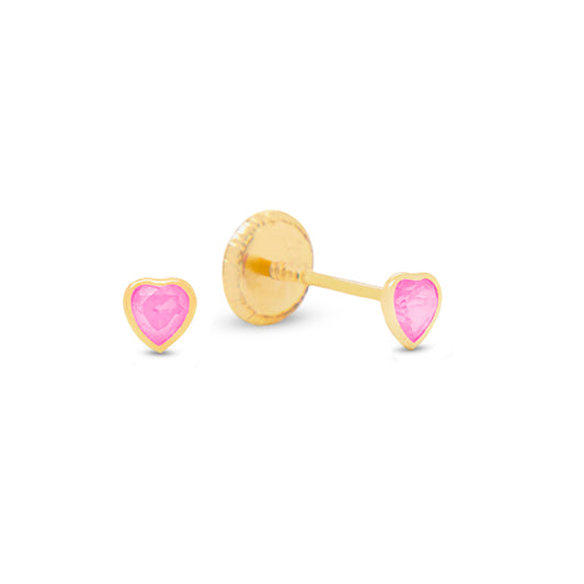 14K Yellow Gold Extra Small Bezel-Set Heart Pink CZ Stud Screwback Earrings