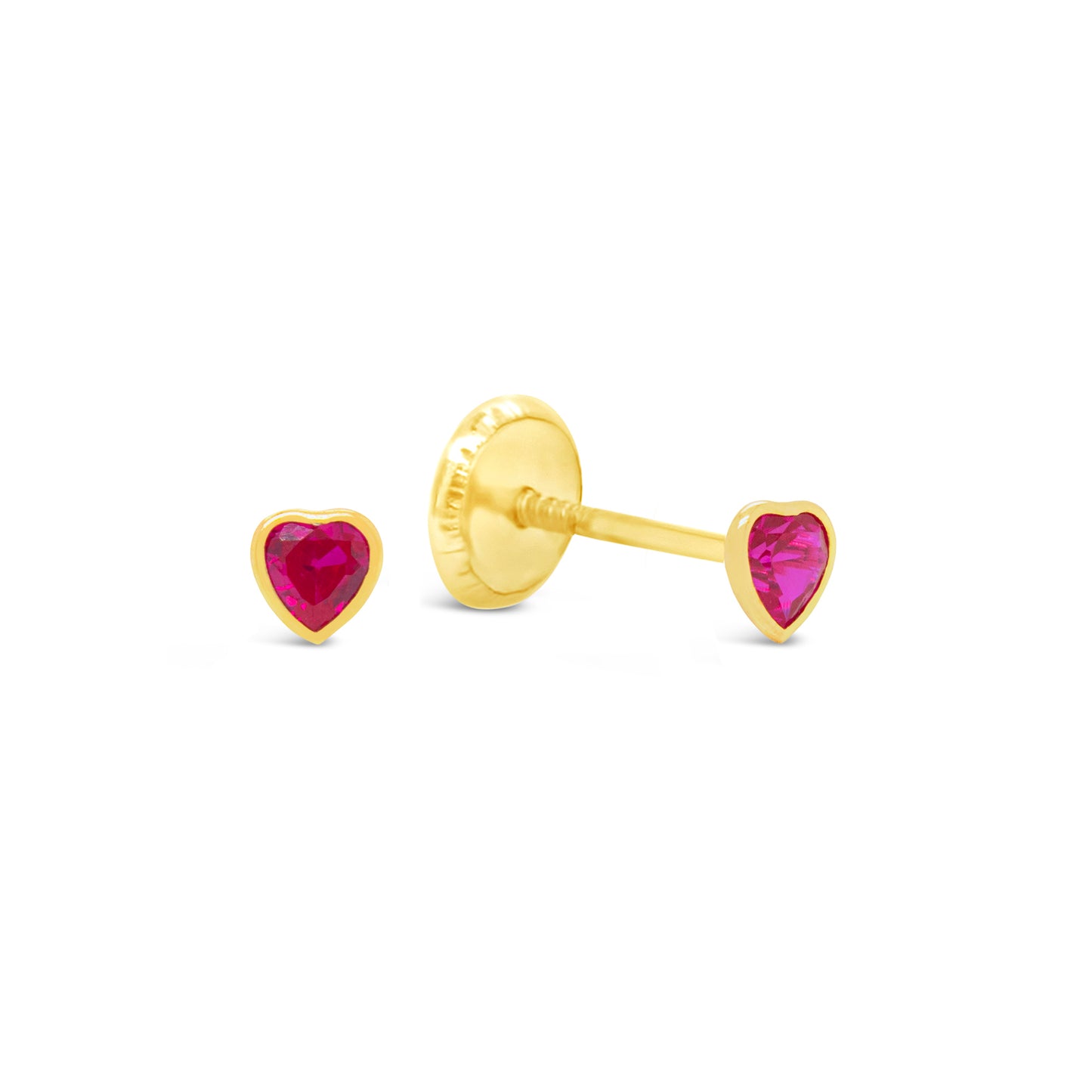 14K Yellow Gold Extra Small Bezel-Set Heart Red CZ Stud Screwback Earrings