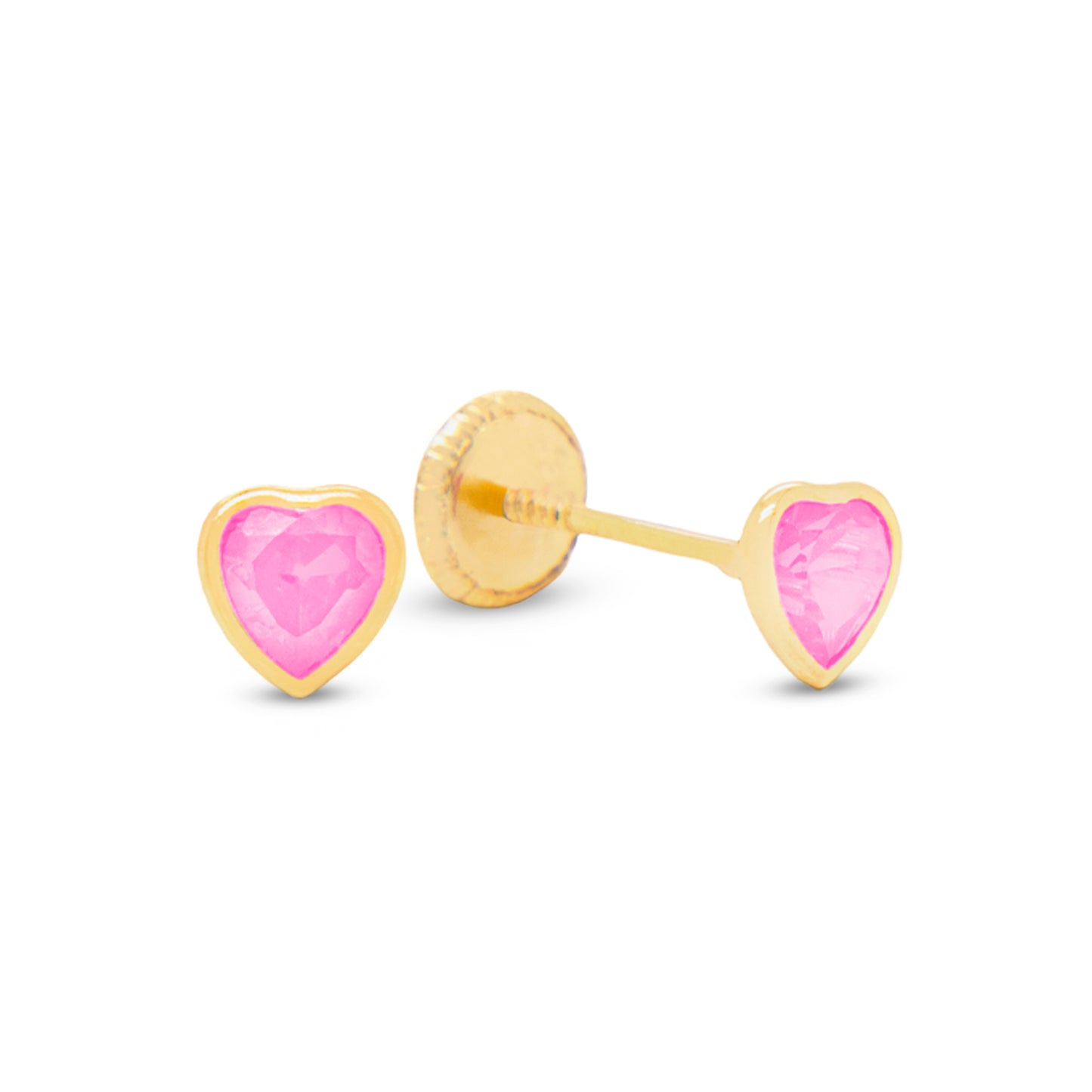 14K Yellow Gold Medium Bezel-Set Heart Pink CZ Stud Screwback Earrings