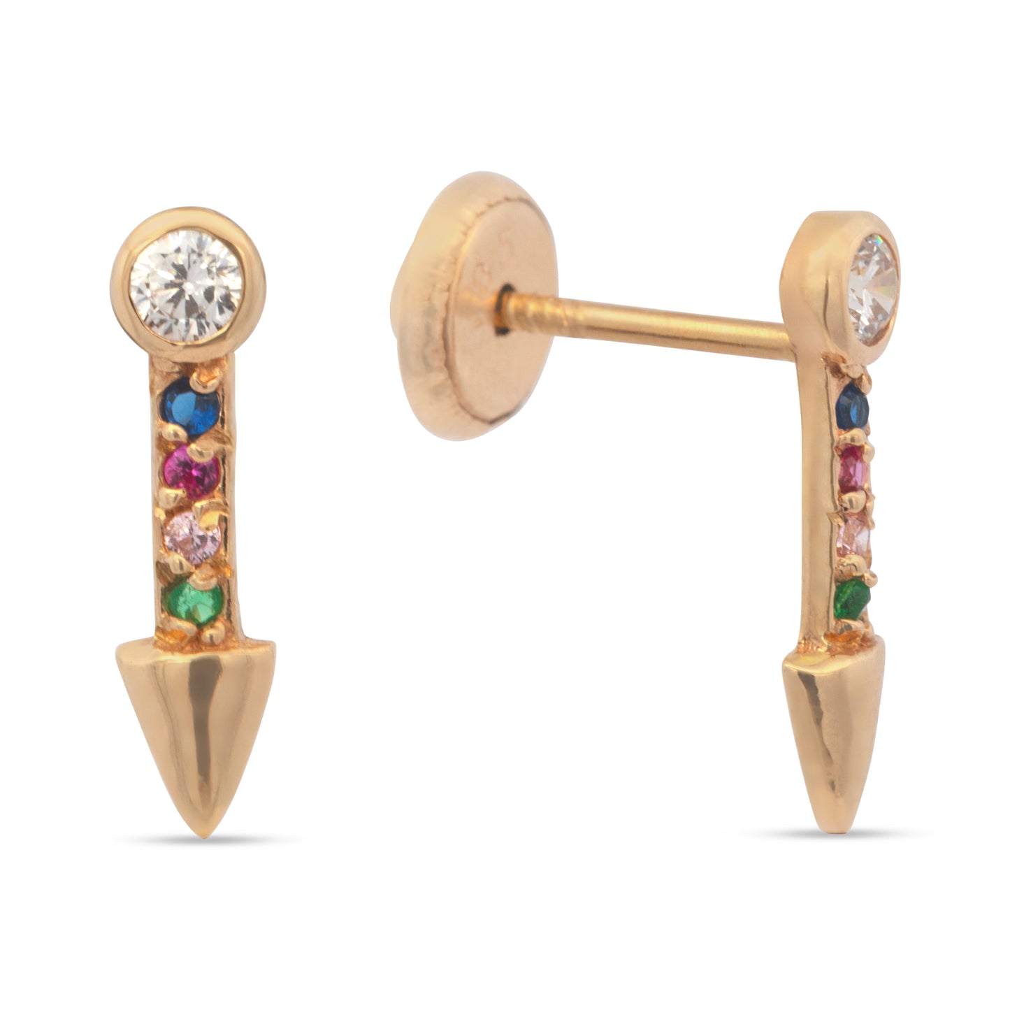 14K Yellow Gold Radiant Multicolor CZ Arrow Stud Screwback Earrings