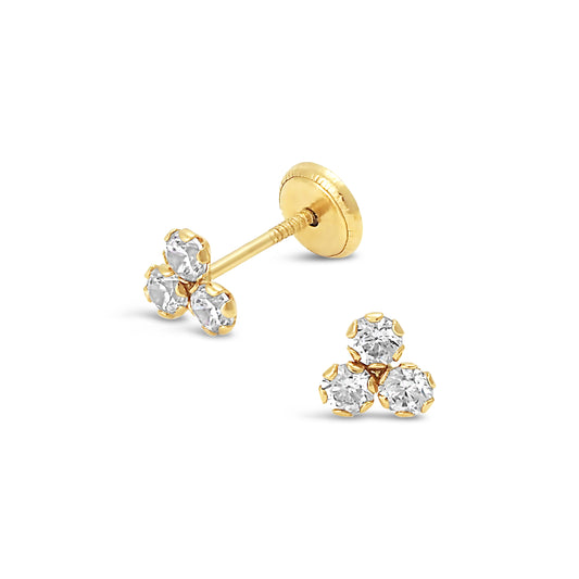 14K Yellow Gold 3-Stone CZ Triangle Cluster Stud Screwback Earrings