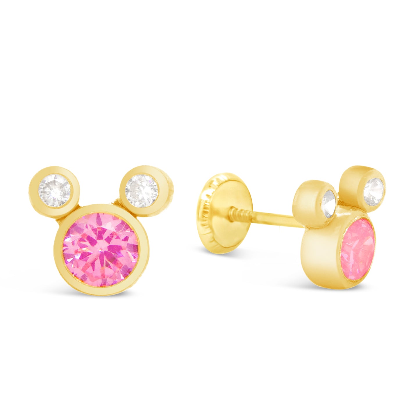 14K Yellow Gold Medium Mouse Shape White & Pink CZ Stud Screwback Earrings
