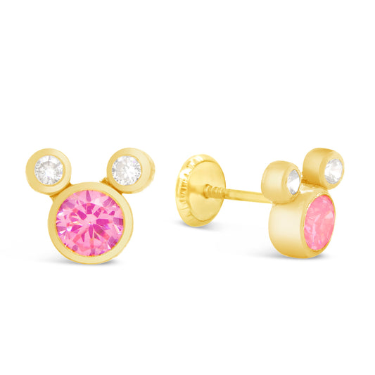 14K Yellow Gold Medium Mouse Shape White & Pink CZ Stud Screwback Earrings