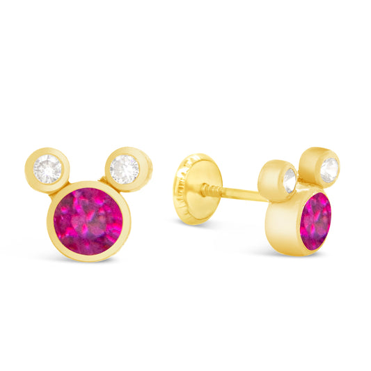14K Yellow Gold Medium Mouse Shape White & Red CZ Stud Screwback Earrings