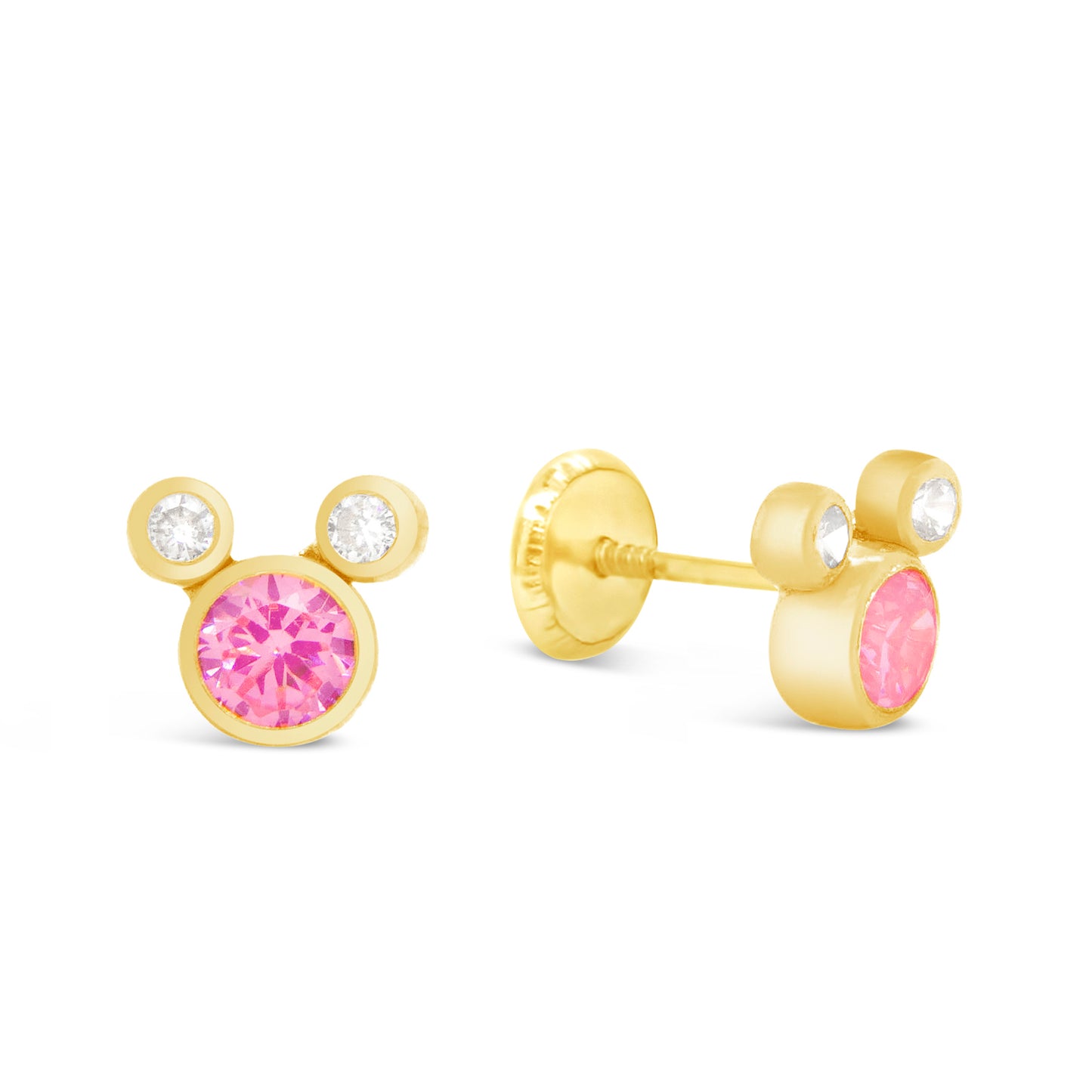 14K Yellow Gold Small Mouse Shape White & Pink CZ Stud Screwback Earrings