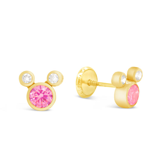 14K Yellow Gold Small Mouse Shape White & Pink CZ Stud Screwback Earrings