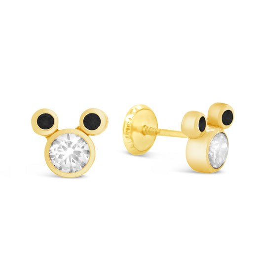 14K Yellow Gold Small Mouse Shape Black & White CZ Stud Screwback Earrings