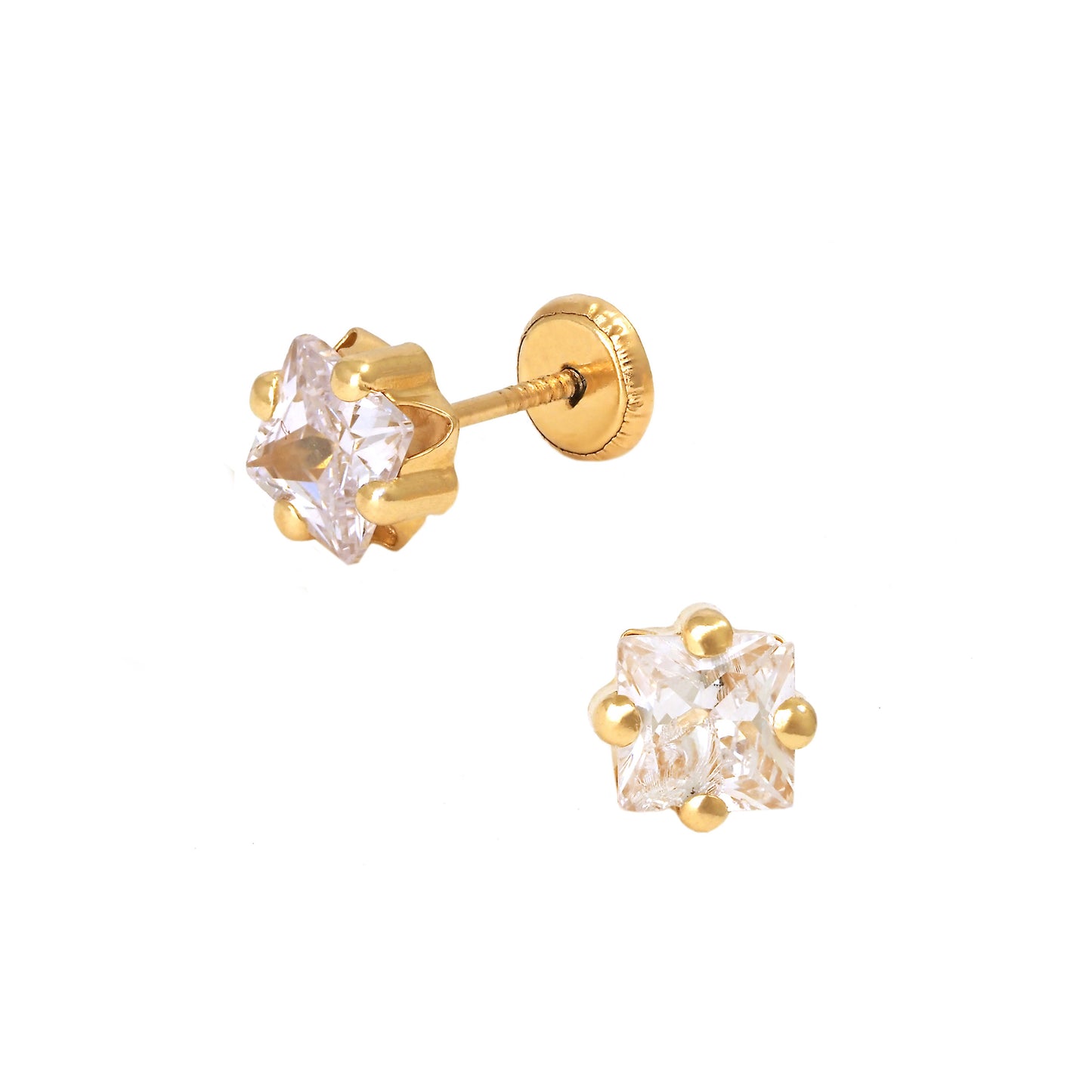 14K Yellow Gold 4MM White CZ Flower Stud Screwback Earrings