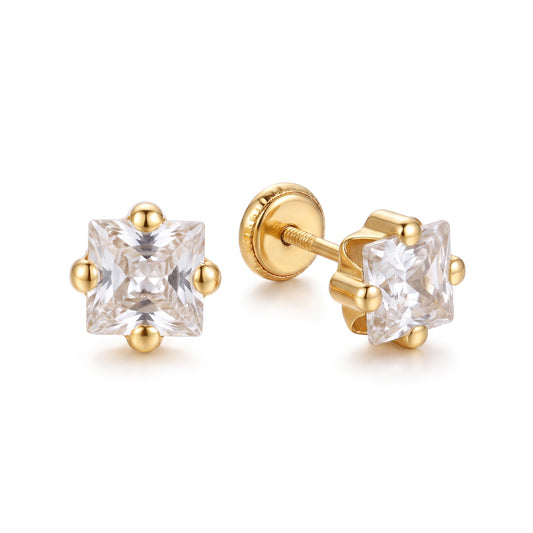 14K Yellow Gold 4MM White CZ Flower Stud Screwback Earrings