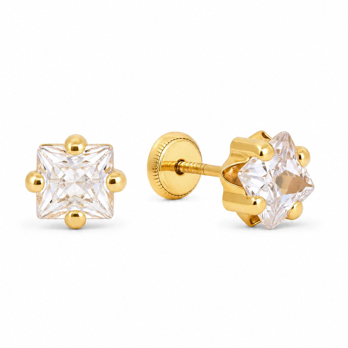 14K Yellow Gold 5MM White CZ Flower Stud Screwback Earrings