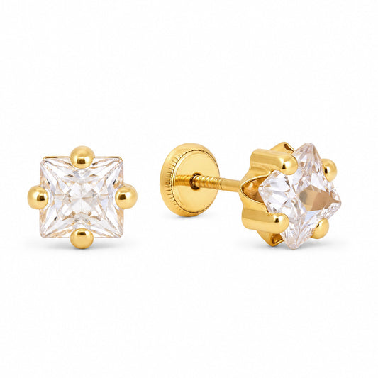 14K Yellow Gold 5MM White CZ Flower Stud Screwback Earrings
