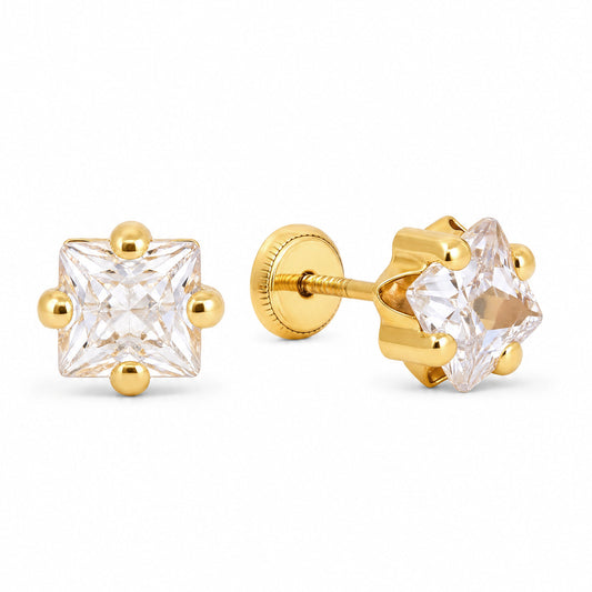 14K Yellow Gold 6MM White CZ Flower Stud Screwback Earrings