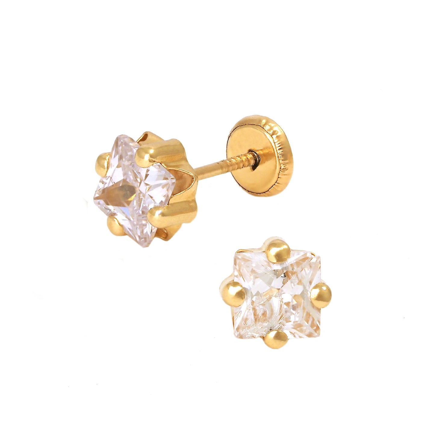 14K Yellow Gold 6MM White CZ Flower Stud Screwback Earrings