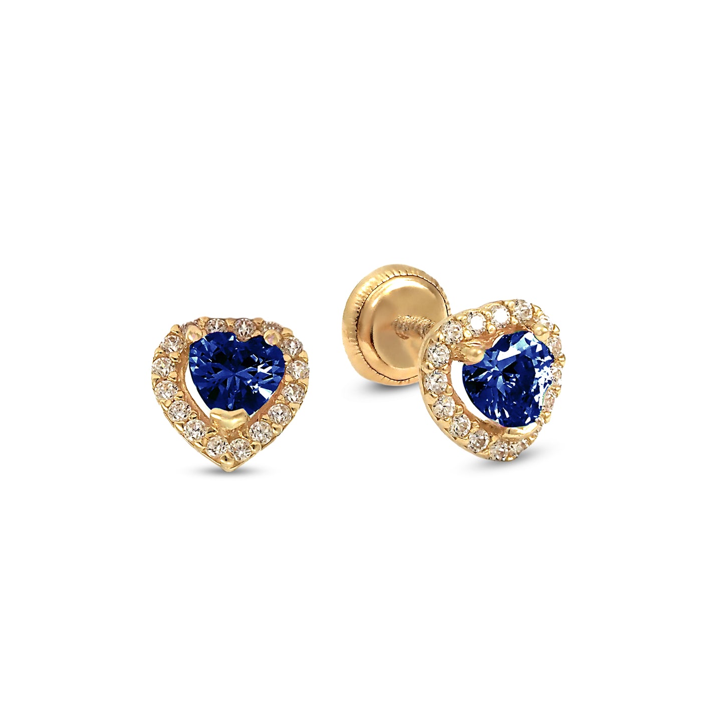 14K Yellow Gold Medium Blue CZ Heart Halo Stud Screwback Earrings