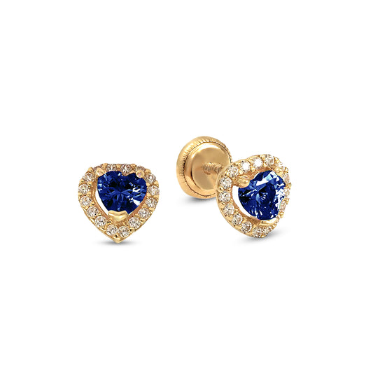 14K Yellow Gold Medium Blue CZ Heart Halo Stud Screwback Earrings