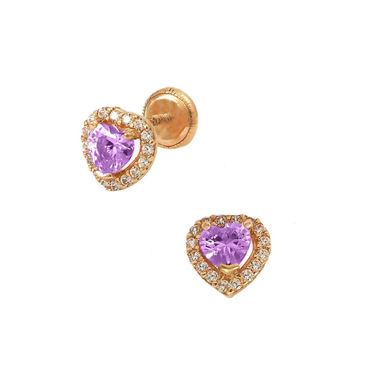 14K Yellow Gold Medium Purple CZ Heart Halo Stud Screwback Earrings