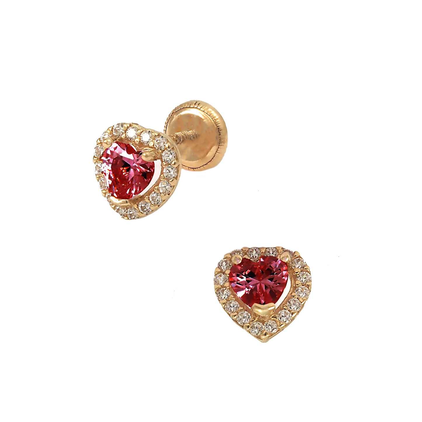 14K Yellow Gold Medium Red CZ Heart Halo Stud Screwback Earrings
