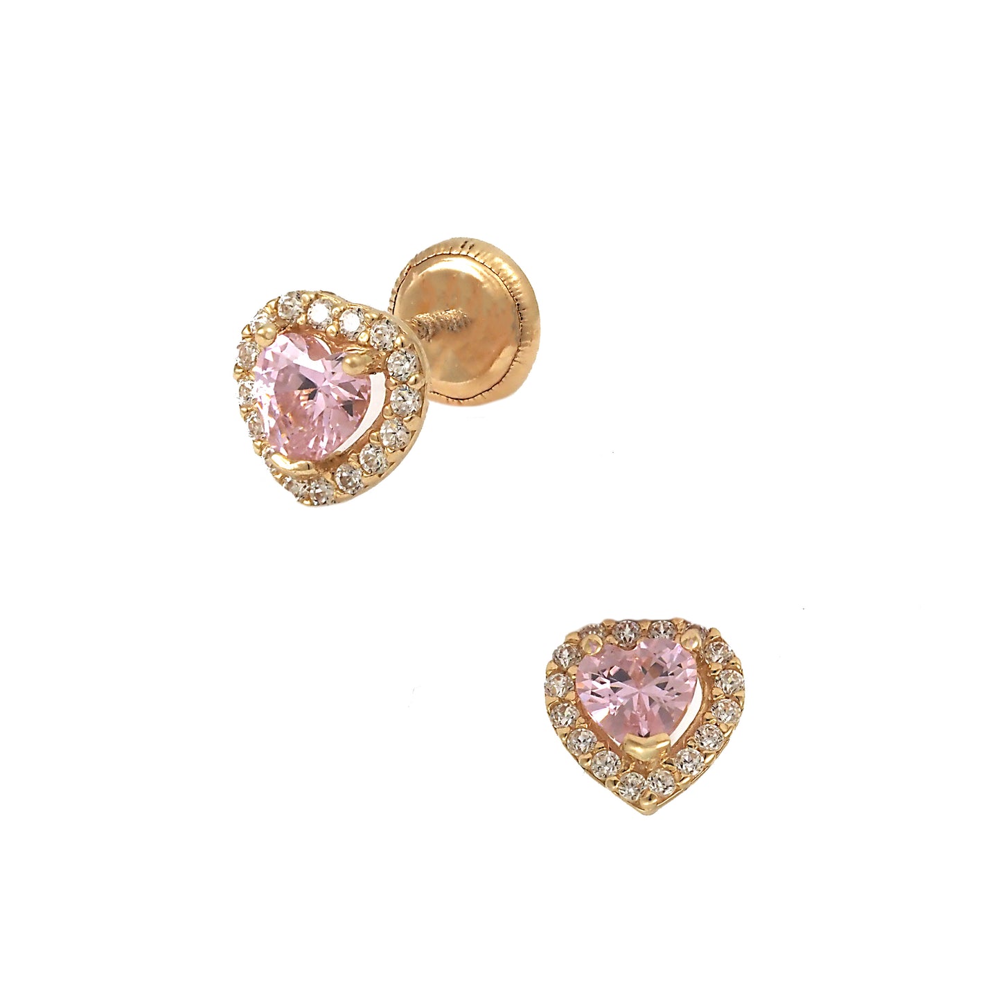 14K Yellow Gold Small Pink CZ Heart Halo Stud Screwback Earrings