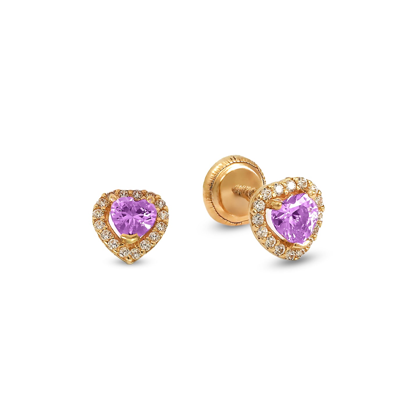 14K Yellow Gold Small Purple CZ Heart Halo Stud Screwback Earrings