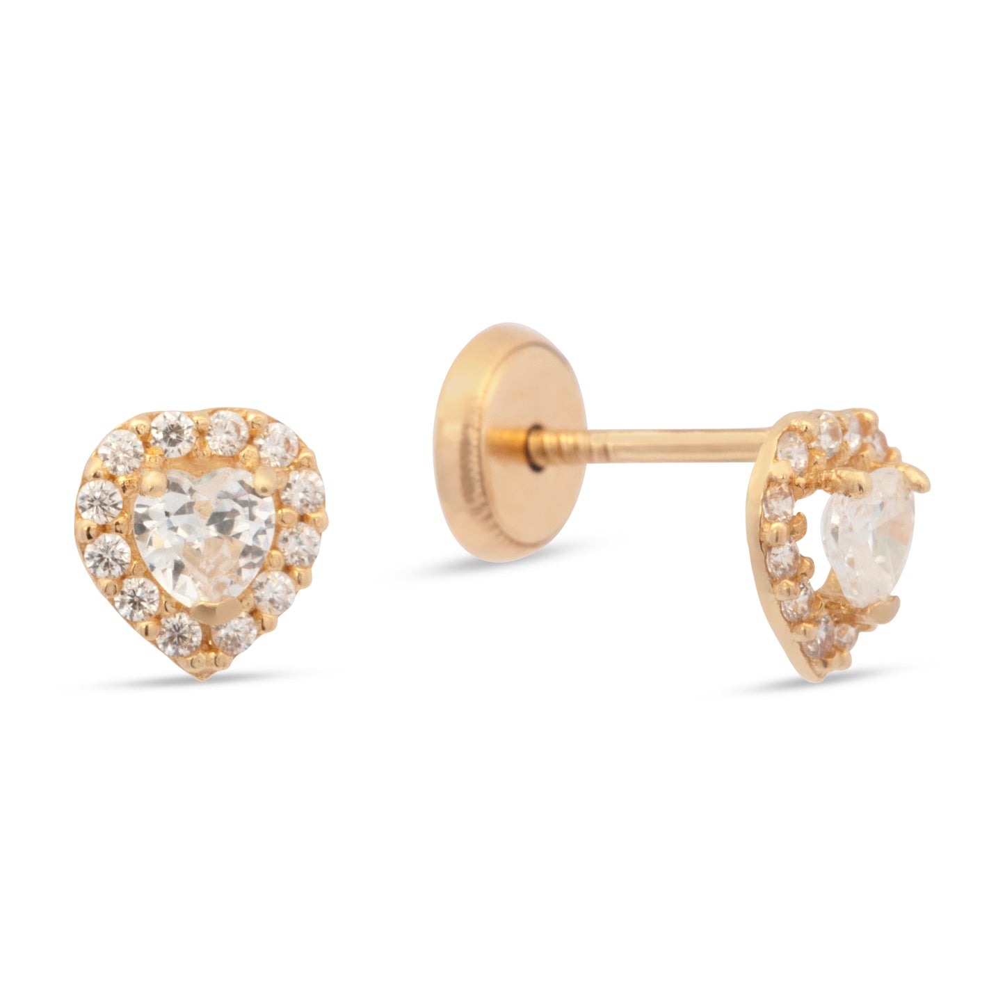 14K Yellow Gold Small White CZ Heart Halo Stud Screwback Earrings