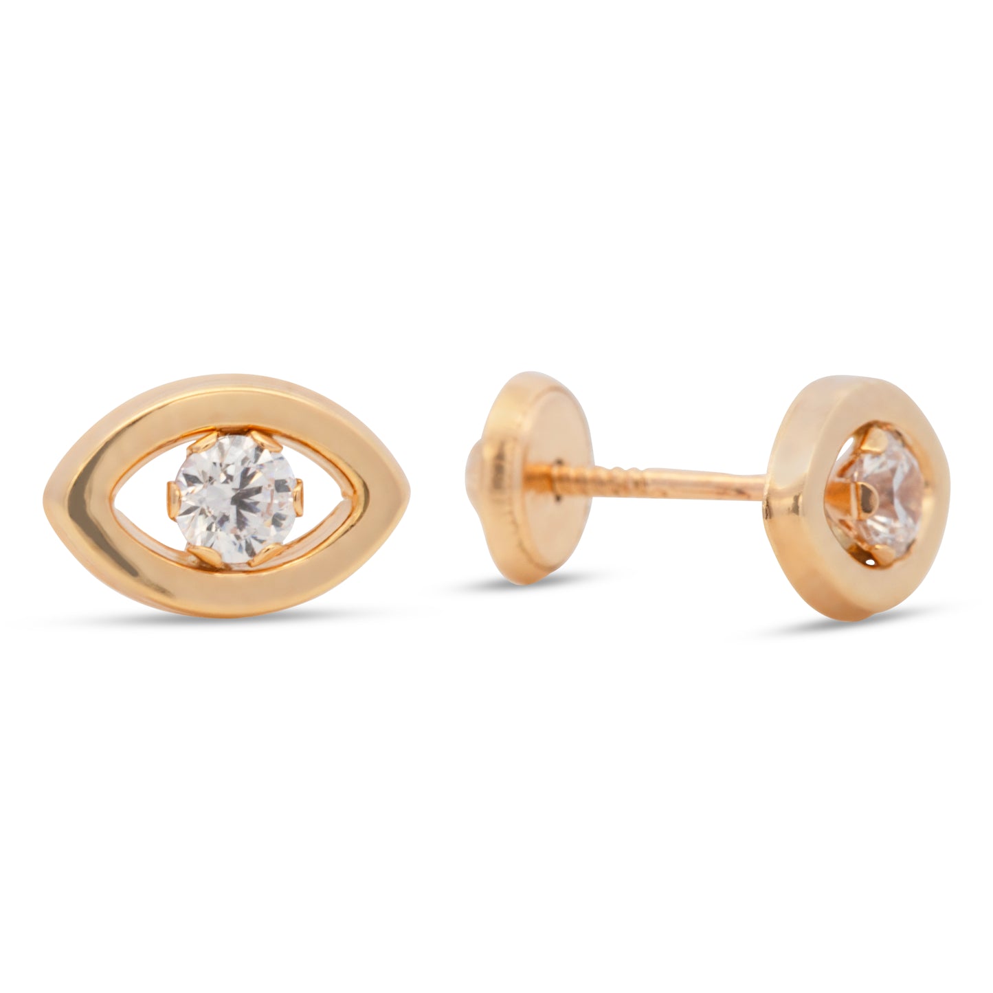 14K Yellow Gold Medium Solitaire White CZ Evil Eye Stud Screwback Earrings