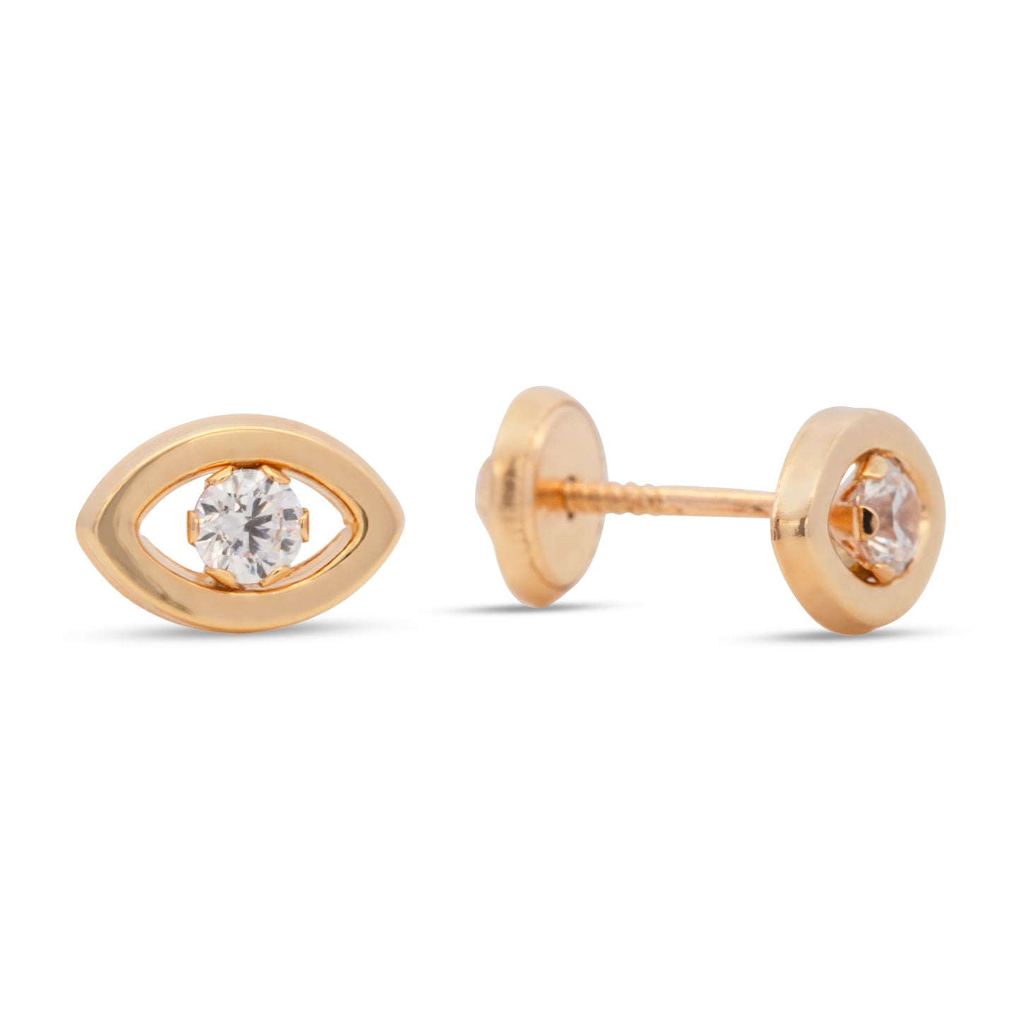 14K Yellow Gold Small Solitaire White CZ Evil Eye Stud Screwback Earrings