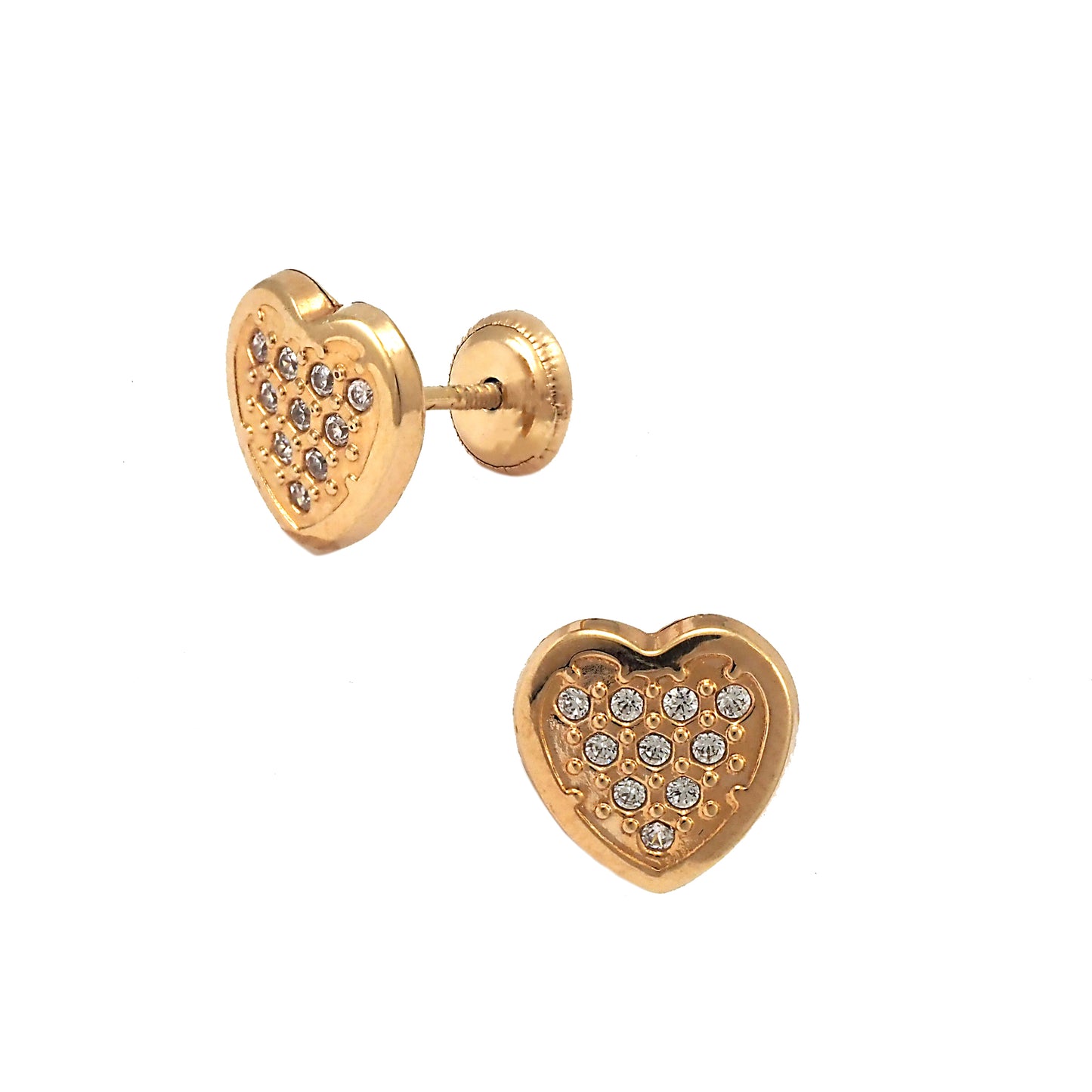 14K Yellow Gold Medium CZ Pave Heart Stud Screwback Earrings