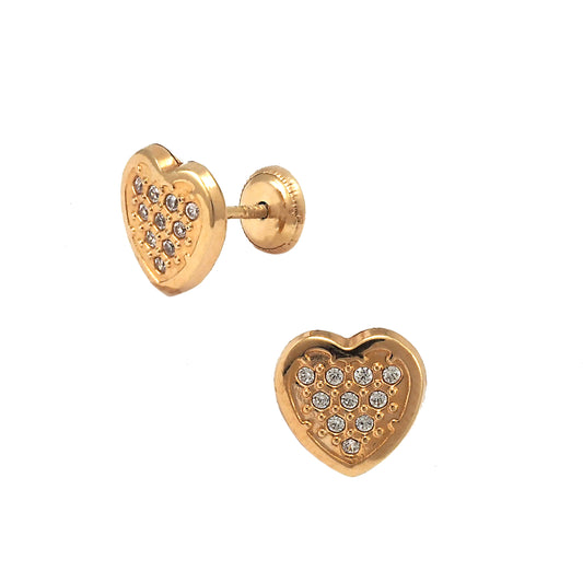 14K Yellow Gold Medium CZ Pave Heart Stud Screwback Earrings