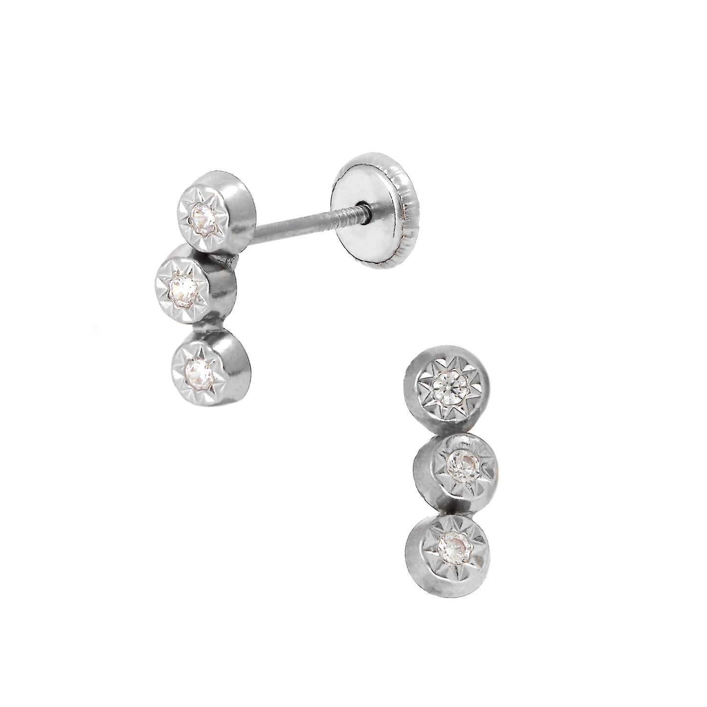 14K White Gold 3-CZ Curved Bar Bezel Stud Screwback Earrings