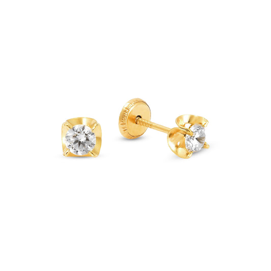 14K Yellow Gold 3MM White CZ Wavy Bezel Stud Screwback Earrings