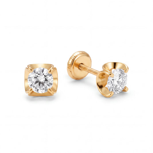14K Yellow Gold 3MM White CZ Wavy Bezel Stud Screwback Earrings