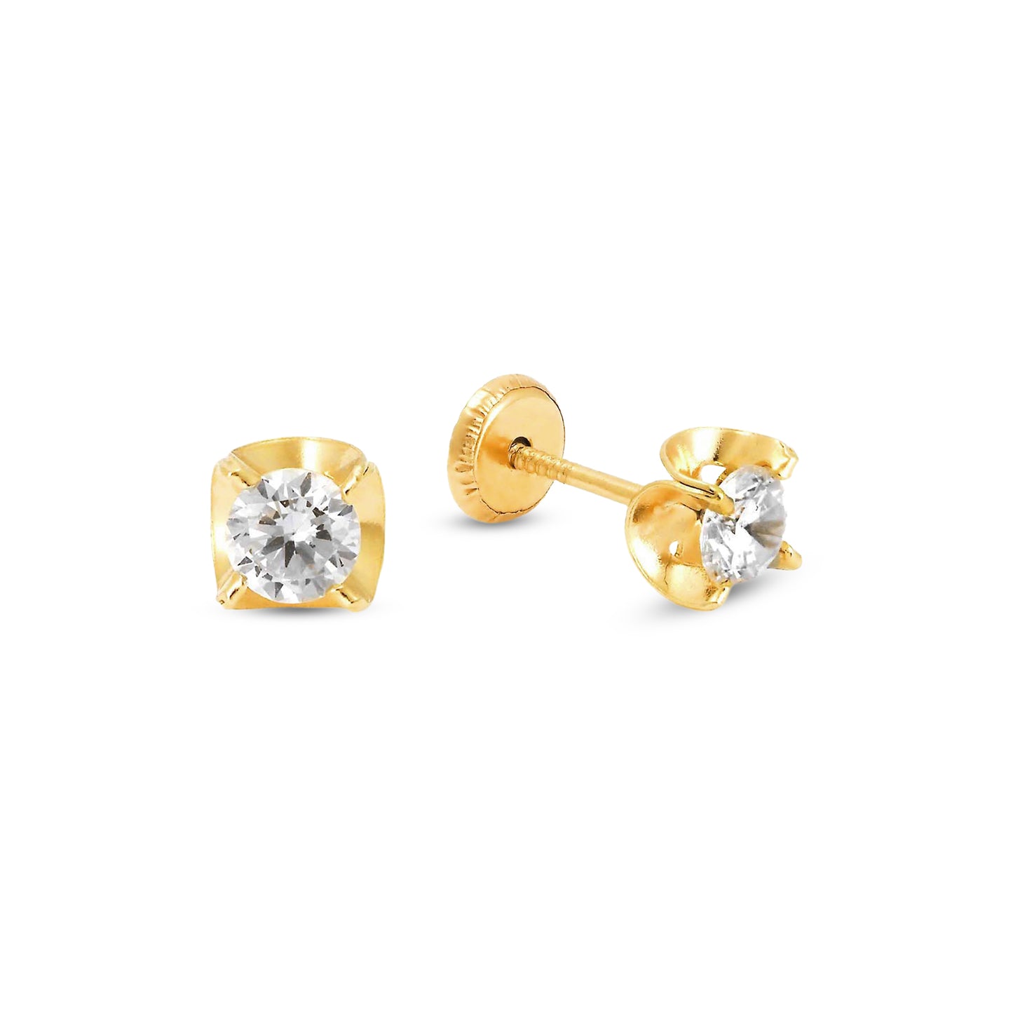 14K Yellow Gold 4MM White CZ Wavy Bezel Stud Screwback Earrings