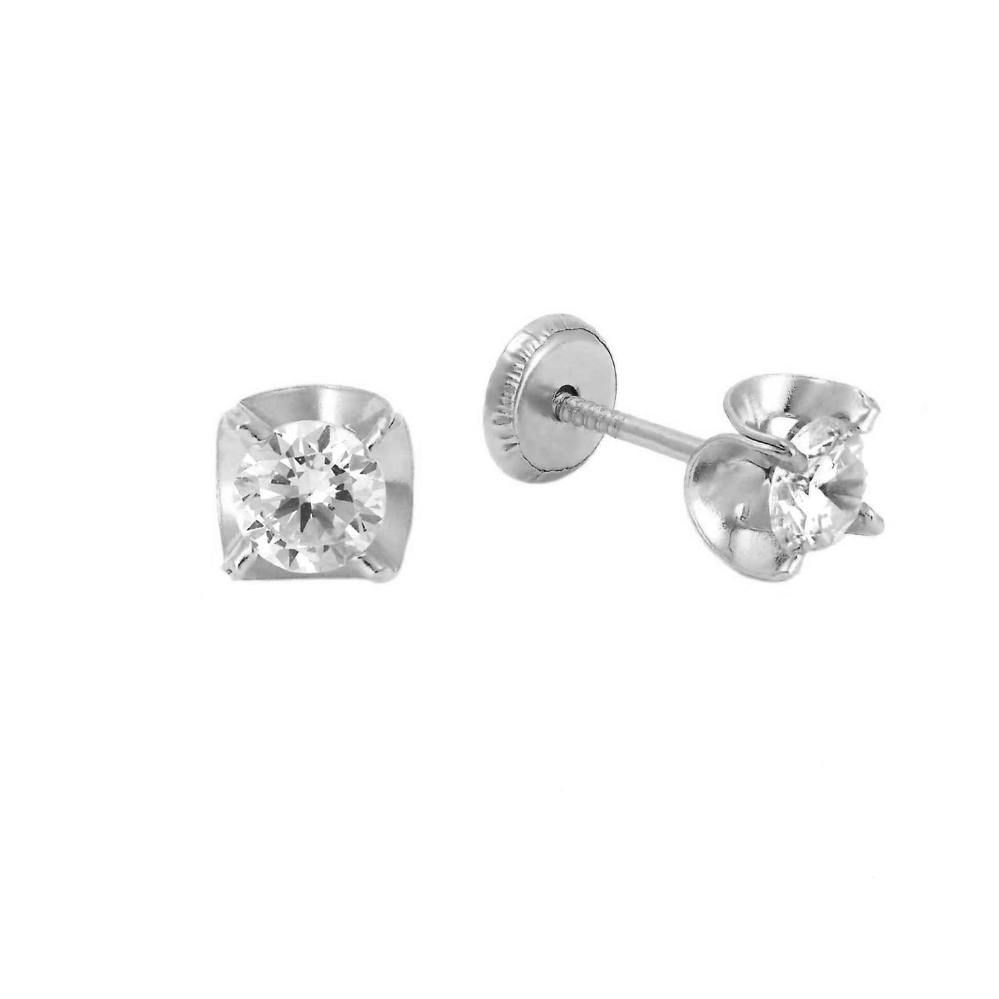14K White Gold 4MM White CZ Wavy Bezel Stud Screwback Earrings