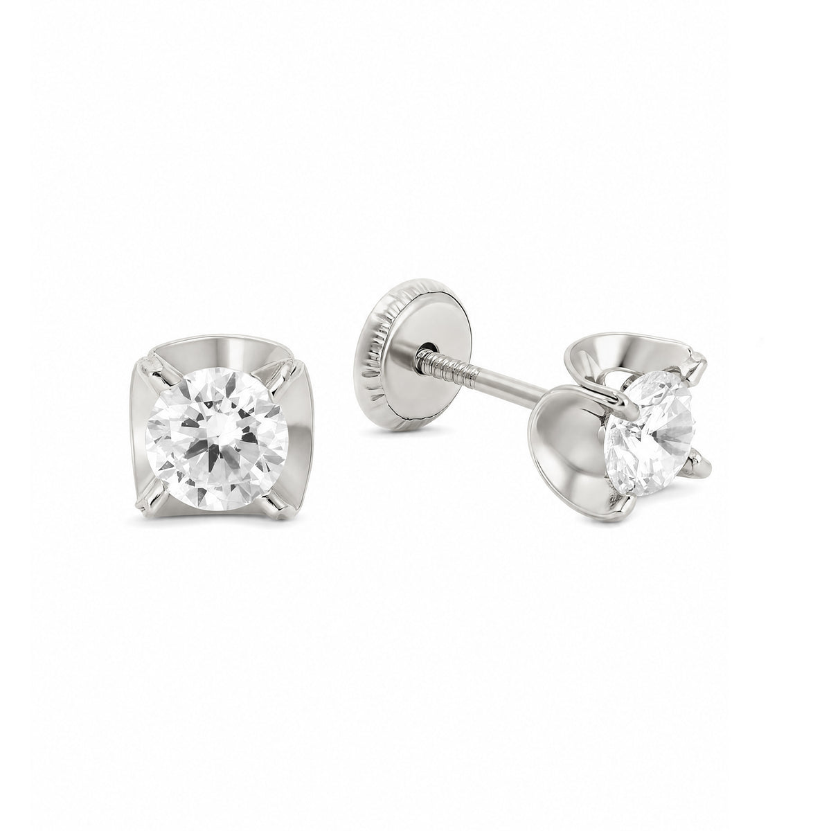 14K White Gold 4MM White CZ Wavy Bezel Stud Screwback Earrings