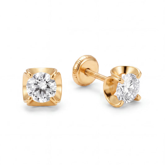 14K Yellow Gold 4MM White CZ Wavy Bezel Stud Screwback Earrings