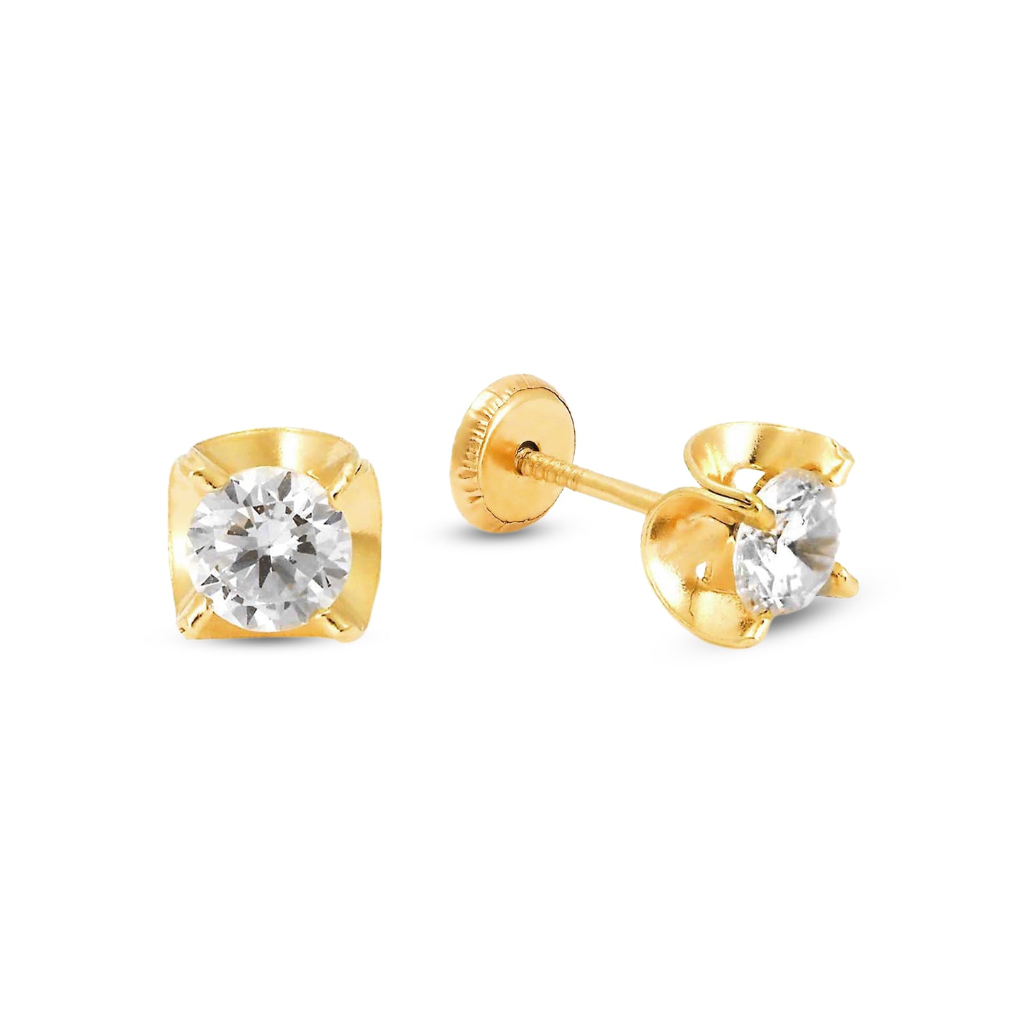 14K Yellow Gold 5MM White CZ Wavy Bezel Stud Screwback Earrings