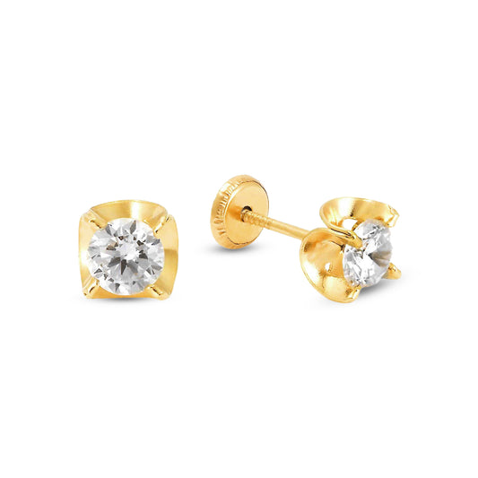 14K Yellow Gold 5MM White CZ Wavy Bezel Stud Screwback Earrings