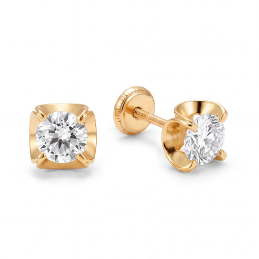 14K Yellow Gold 5MM White CZ Wavy Bezel Stud Screwback Earrings