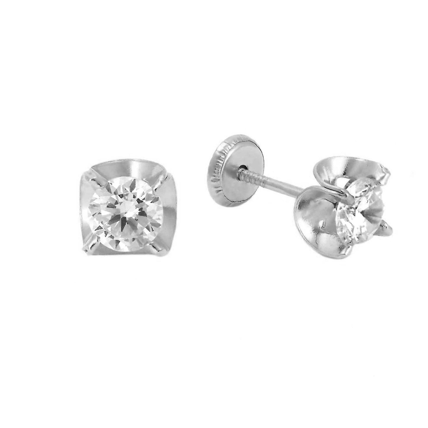 14K White Gold 5MM White CZ Wavy Bezel Stud Screwback Earrings